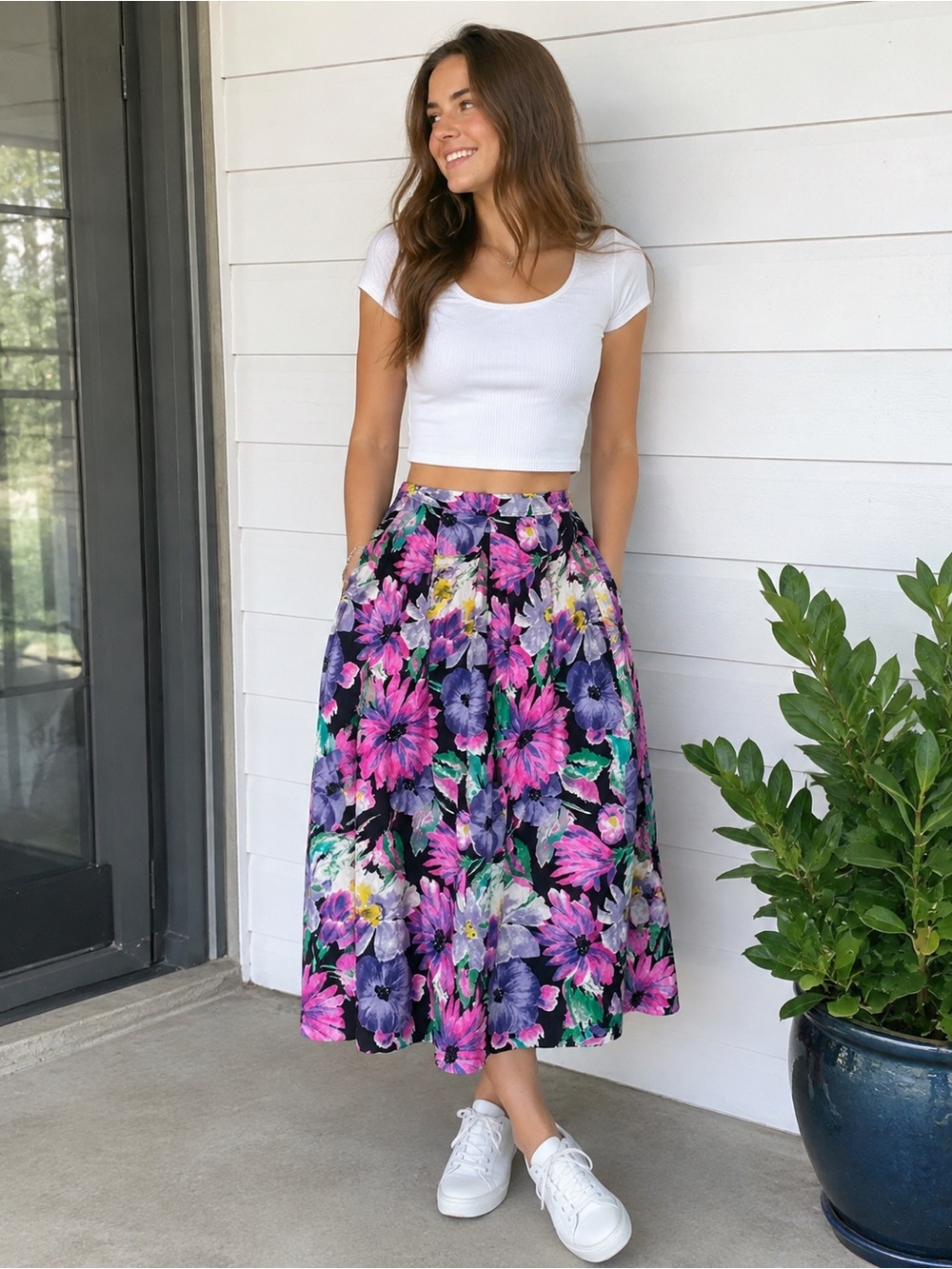 Vintage Floral Tropical Skirt Resort Beach Modest Coastal Bright 80s flowers